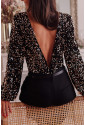 Black Deep V Back Sequin Puff Sleeve Bodysuit