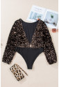 Black Deep V Back Sequin Puff Sleeve Bodysuit