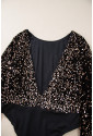 Black Deep V Back Sequin Puff Sleeve Bodysuit