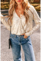 Beige Sequin Long Sleeve Wrap V Neck Bodysuit