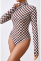 Checkered Long Sleeve High Neck Bodysuit