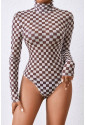 Checkered Long Sleeve High Neck Bodysuit