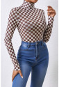 Checkered Long Sleeve High Neck Bodysuit