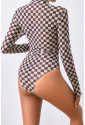 Checkered Long Sleeve High Neck Bodysuit