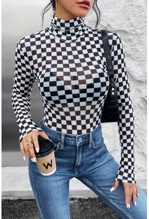 Checkered Long Sleeve High Neck Bodysuit