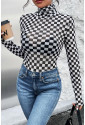 Checkered Long Sleeve High Neck Bodysuit