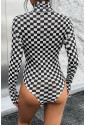 Checkered Long Sleeve High Neck Bodysuit