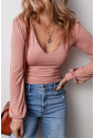 Pink V neck Long Sleeve Casual Bodysuit