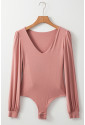 Pink V neck Long Sleeve Casual Bodysuit