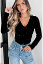 Black Velvet Beaded Long Sleeve V Neck Bodysuit