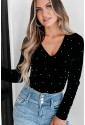 Black Velvet Beaded Long Sleeve V Neck Bodysuit