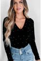 Black Velvet Beaded Long Sleeve V Neck Bodysuit