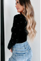 Black Velvet Beaded Long Sleeve V Neck Bodysuit