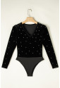 Black Velvet Beaded Long Sleeve V Neck Bodysuit