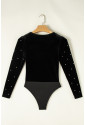 Black Velvet Beaded Long Sleeve V Neck Bodysuit