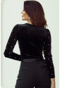 Black Velvet Beaded Long Sleeve V Neck Bodysuit