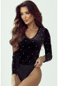 Black Velvet Beaded Long Sleeve V Neck Bodysuit