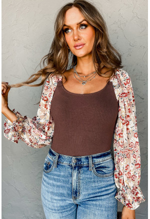 Coffee Ribbed Floral Bubble Sleeve Bodysuit