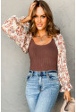 Coffee Ribbed Floral Bubble Sleeve Bodysuit