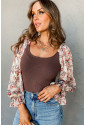 Coffee Ribbed Floral Bubble Sleeve Bodysuit