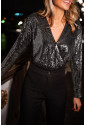 Black Sequin Long Sleeve Wrap Bodysuit