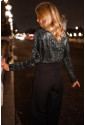 Black Sequin Long Sleeve Wrap Bodysuit