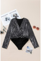 Black Sequin Long Sleeve Wrap Bodysuit