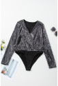 Black Sequin Long Sleeve Wrap Bodysuit