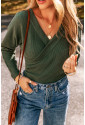 Blackish Green Ribbed Knit Slim Fit Wrap V Neck Bodysuit