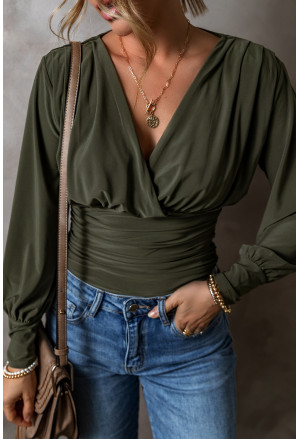 Moss Green Ruched Wrap V Neck Long Sleeve Bodysuit