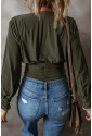 Moss Green Ruched Wrap V Neck Long Sleeve Bodysuit