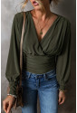 Moss Green Ruched Wrap V Neck Long Sleeve Bodysuit