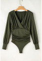 Moss Green Ruched Wrap V Neck Long Sleeve Bodysuit