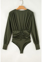 Moss Green Ruched Wrap V Neck Long Sleeve Bodysuit