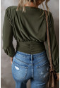 Moss Green Ruched Wrap V Neck Long Sleeve Bodysuit