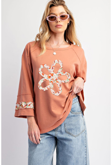  Flower Patch Graphic Exposed Seam Wide Sleeve Top