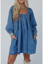 Dusk Blue Square Neck Side Pockets Loose Fit Denim Mini Dress