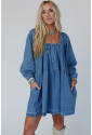 Dusk Blue Square Neck Side Pockets Loose Fit Denim Mini Dress