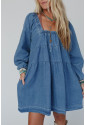 Dusk Blue Square Neck Side Pockets Loose Fit Denim Mini Dress