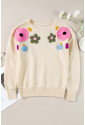 Beige Knitted Flower Pattern Ribbed Edge Sweater