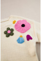 Beige Knitted Flower Pattern Ribbed Edge Sweater