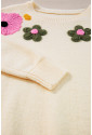 Beige Knitted Flower Pattern Ribbed Edge Sweater