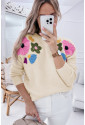 Beige Knitted Flower Pattern Ribbed Edge Sweater