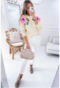 Beige Knitted Flower Pattern Ribbed Edge Sweater