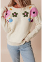 Beige Knitted Flower Pattern Ribbed Edge Sweater