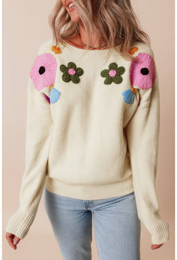 Beige Knitted Flower Pattern Ribbed Edge Sweater