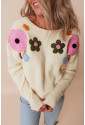 Beige Knitted Flower Pattern Ribbed Edge Sweater