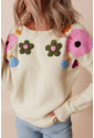 Beige Knitted Flower Pattern Ribbed Edge Sweater