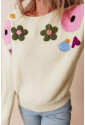 Beige Knitted Flower Pattern Ribbed Edge Sweater