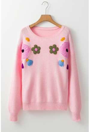 Pink Knitted Flower Pattern Ribbed Edge Sweater